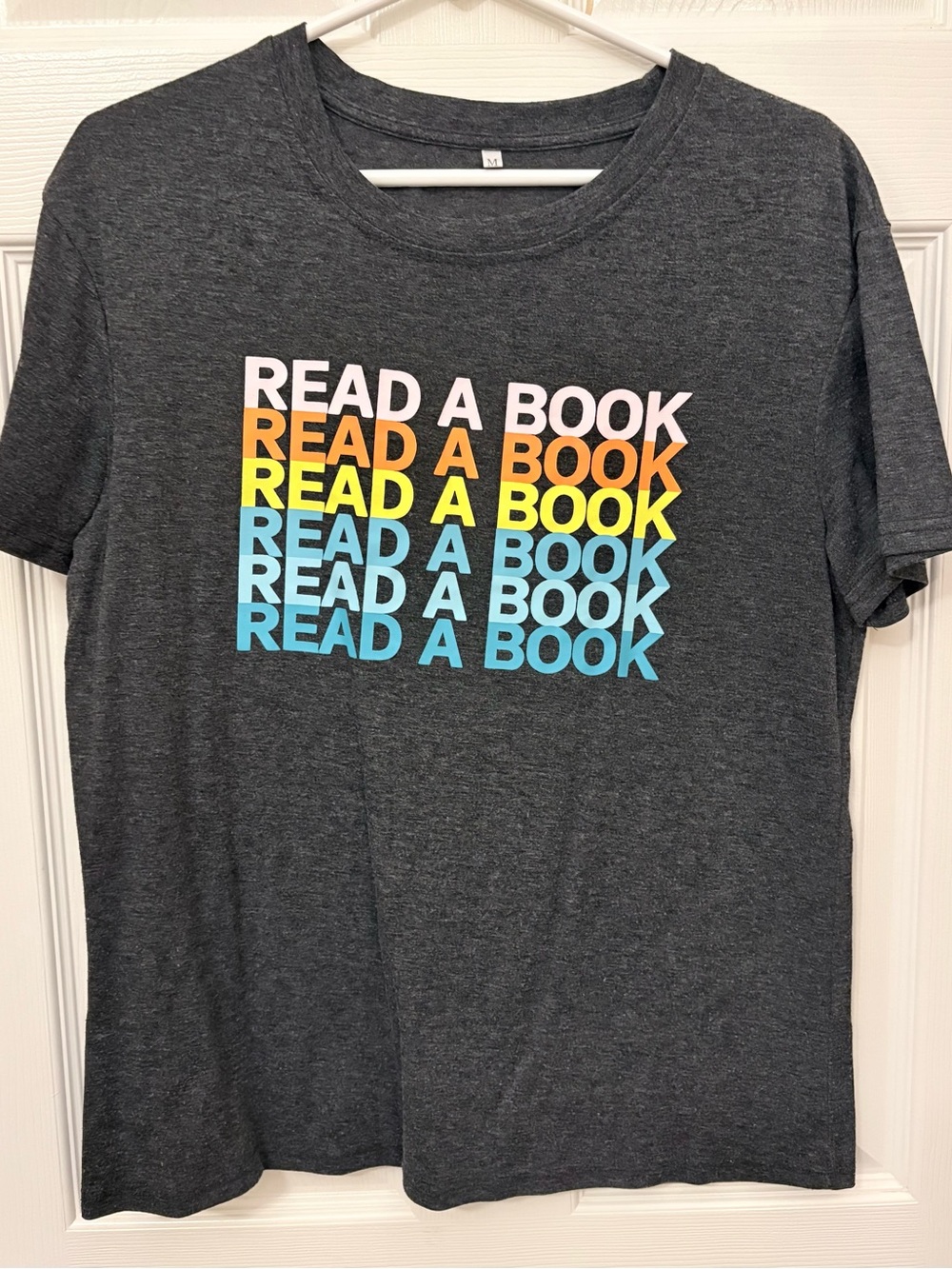 Read A Book Graphic Tee - Dark Heather Gray with Pastel Rainbow Text